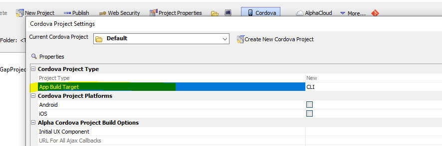 Cordova Project Settings with App Build Target set to CLI